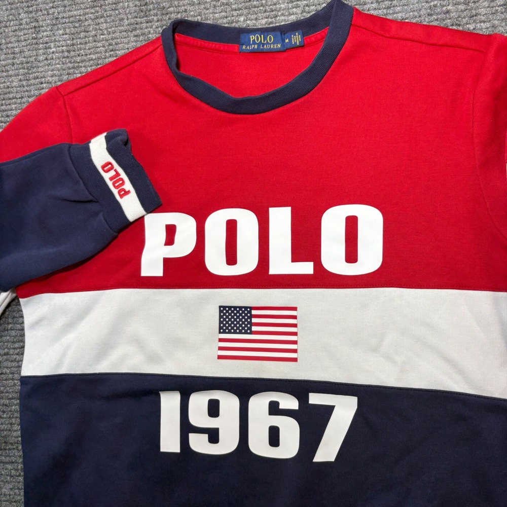 Polo Ralph Lauren Mens 1967 US Flag Colorblock Sweatshirt Red White Navy Medium